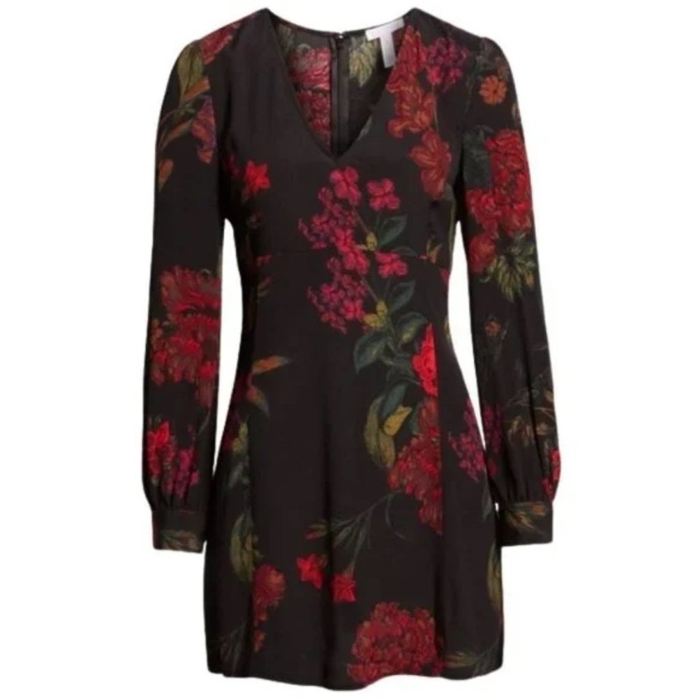 Leith Floral Print V Neck Long Sleeve Mini Dress Black Red Small